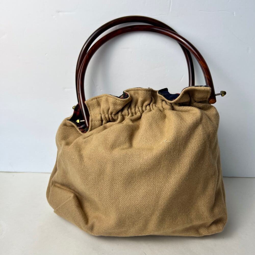 Vintage 70s reversible handbag plaid camel